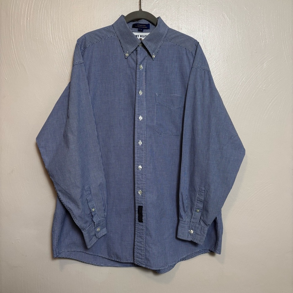 Tommy Hilfiger Men’s Shirt Button Down Checkered 100% Cotton Blue Size 17 35